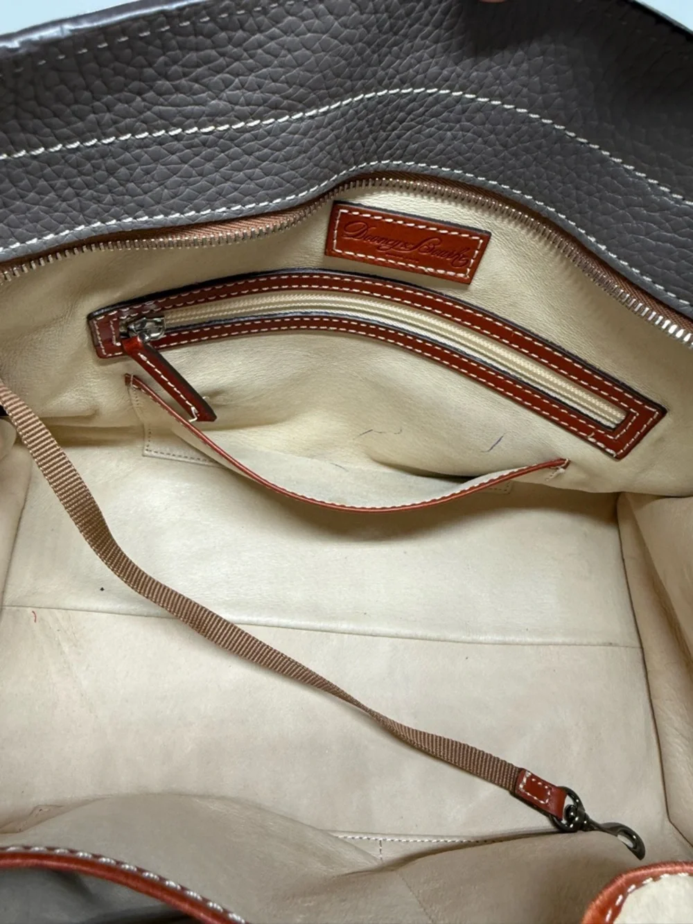 Dooney & Bourke Pebbled Leather Tote Gray Brown Tassel Shoulder Bag Large - Picture 13 of 13